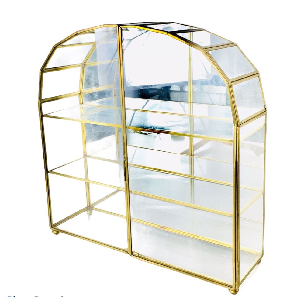 VTG MCM Hollywood Regency Gold Brass Mirrored Glass Curio Display Case Cabinet